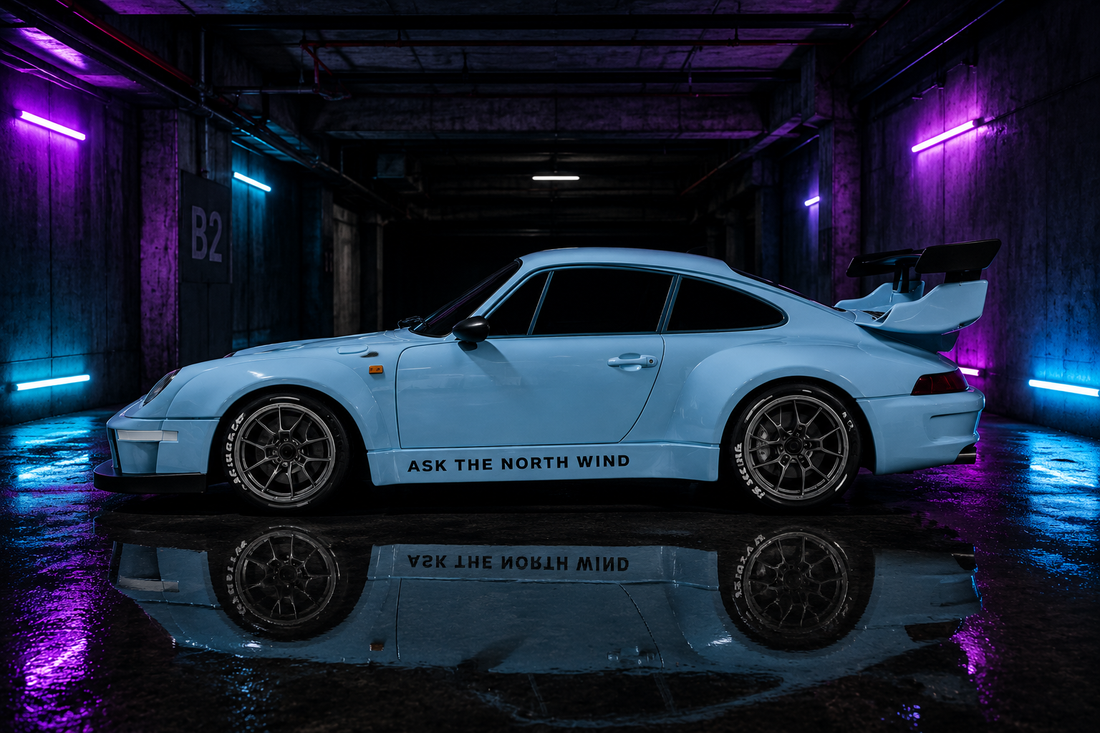 OAKLEE RC drift car in a moody neon-lit garage
