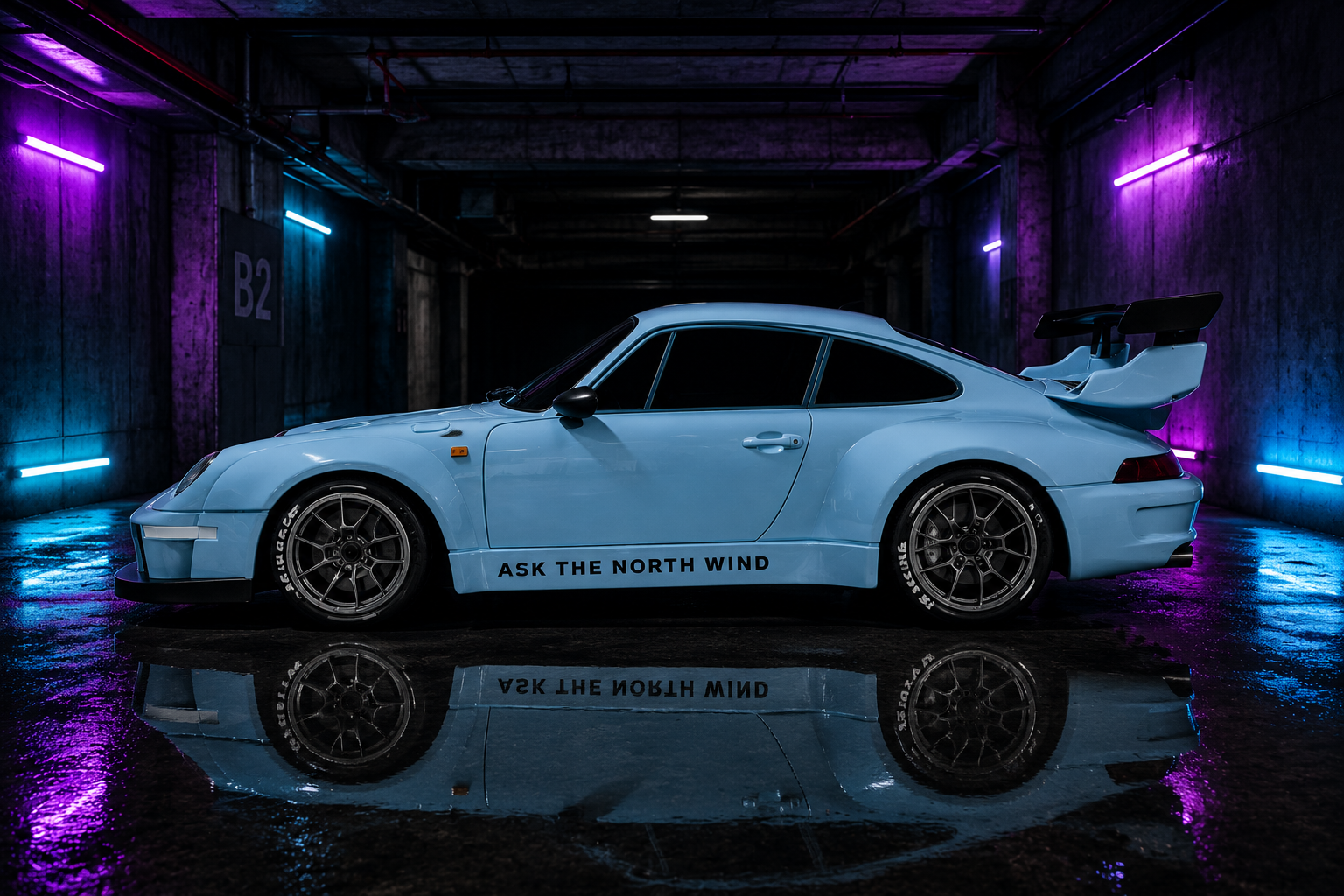 OAKLEE RC drift car in a moody neon-lit garage